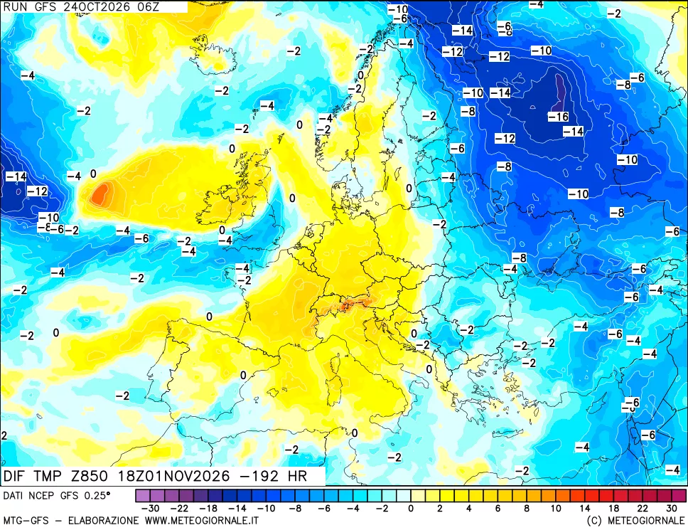 mappa Dif. Temp a 850 hPa Valid - Init
