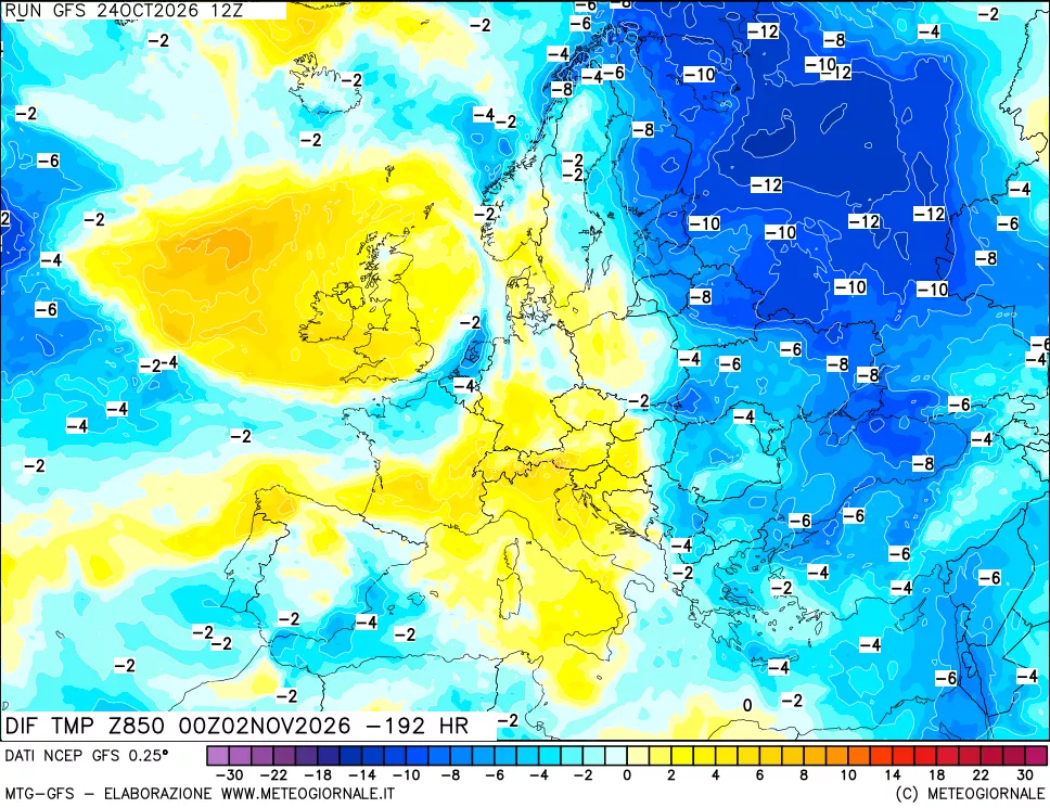 mappa Dif. Temp a 850 hPa Valid - Init