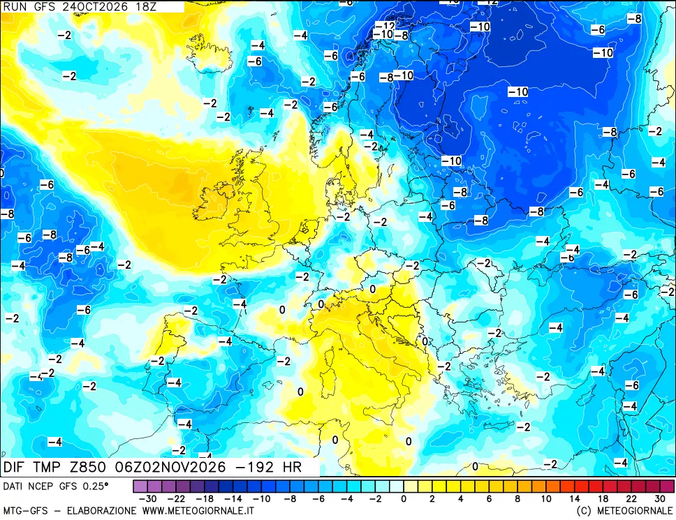 mappa Dif. Temp a 850 hPa Valid - Init