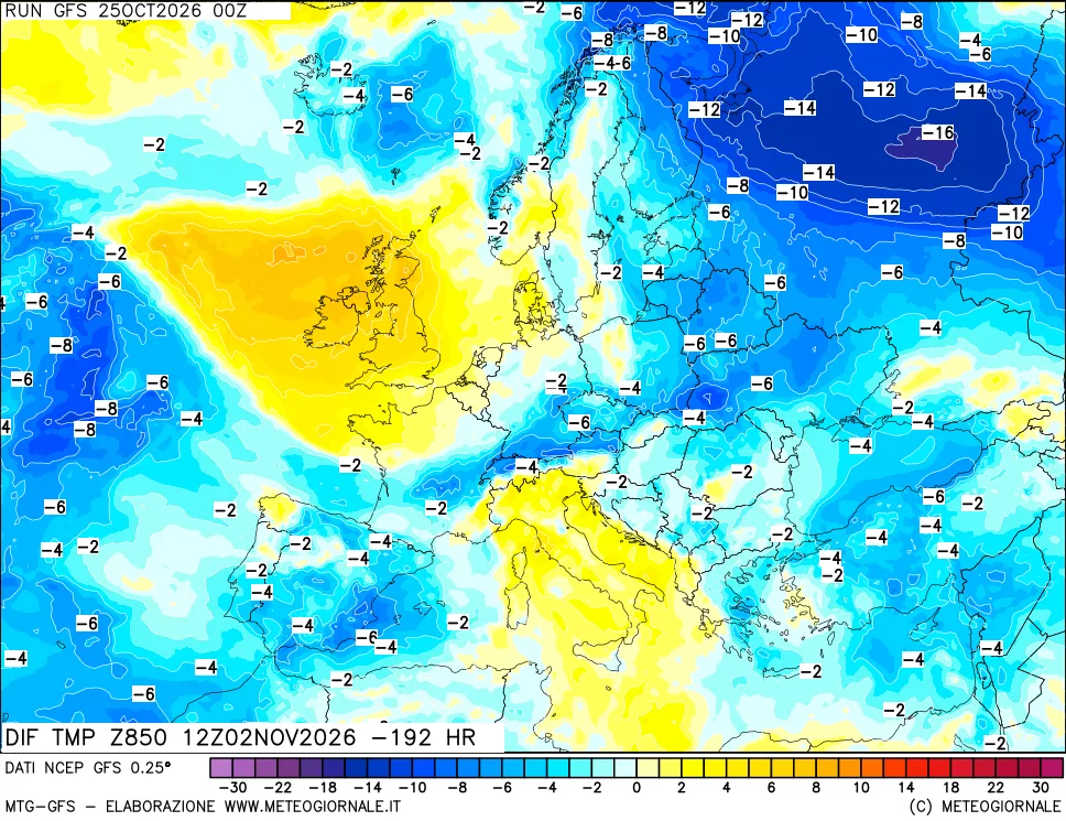 mappa Dif. Temp a 850 hPa Valid - Init
