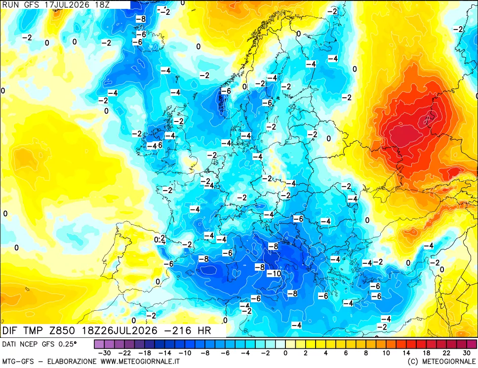 mappa Dif. Temp a 850 hPa Valid - Init