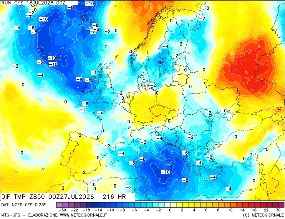 mappa Dif. Temp a 850 hPa Valid - Init