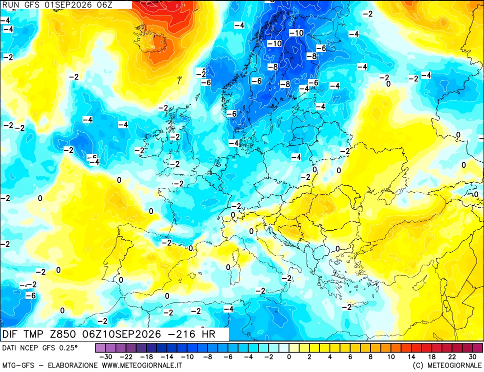 mappa Dif. Temp a 850 hPa Valid - Init