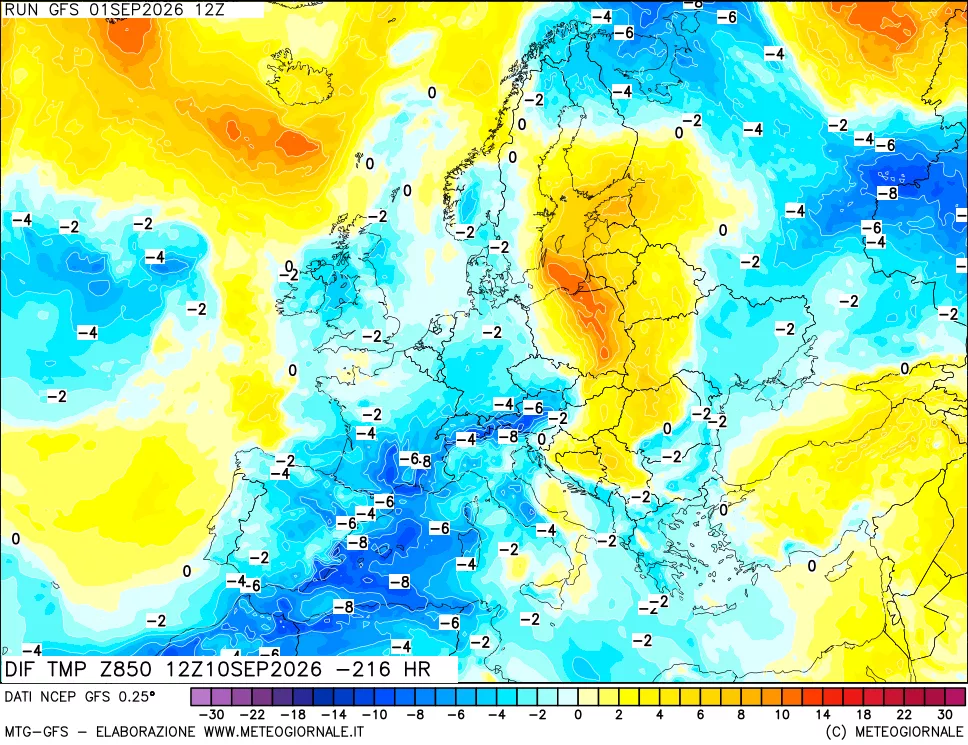 mappa Dif. Temp a 850 hPa Valid - Init