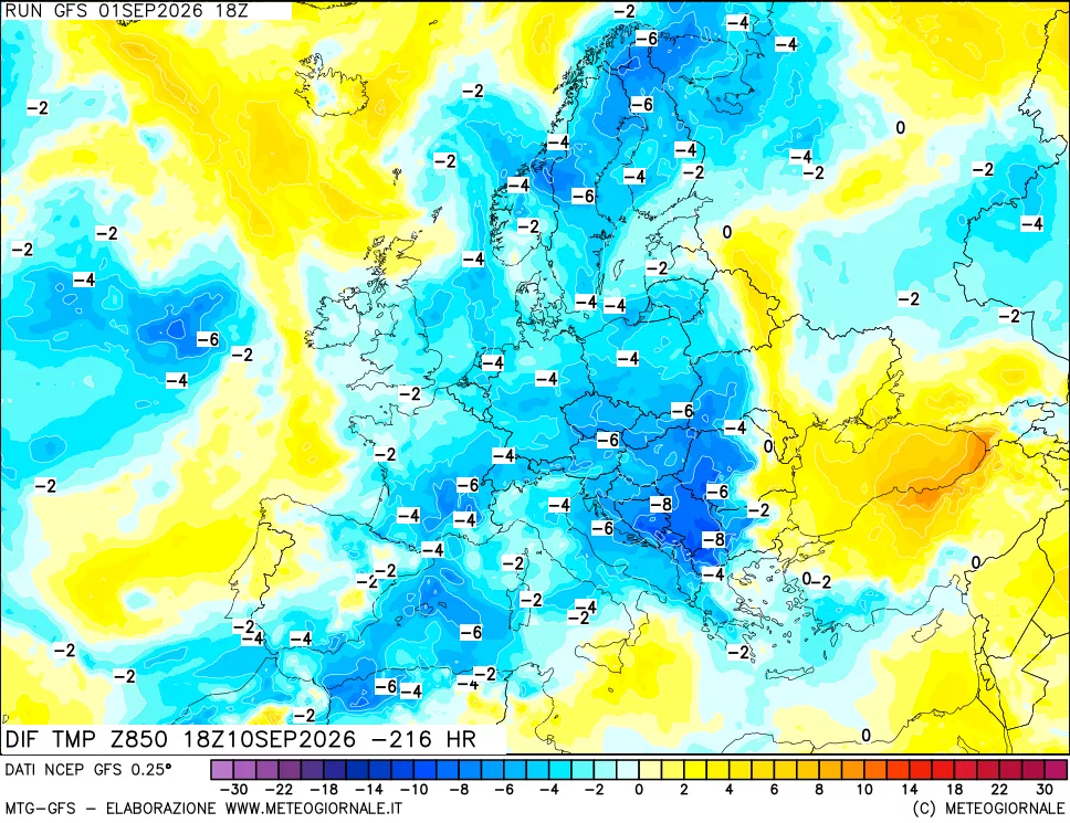 mappa Dif. Temp a 850 hPa Valid - Init