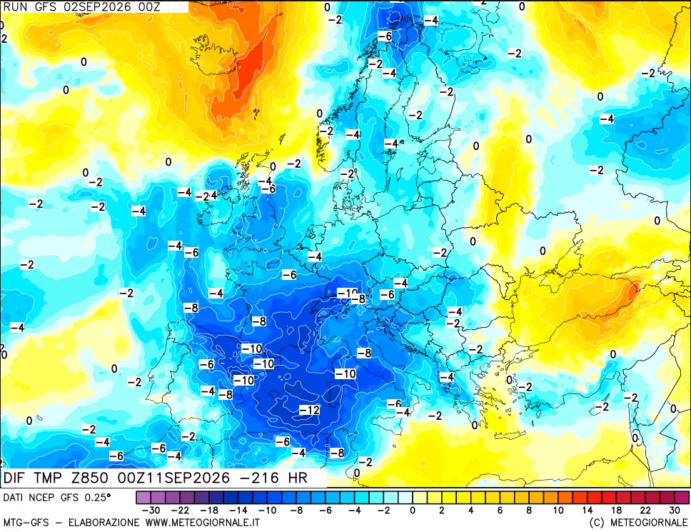 mappa Dif. Temp a 850 hPa Valid - Init