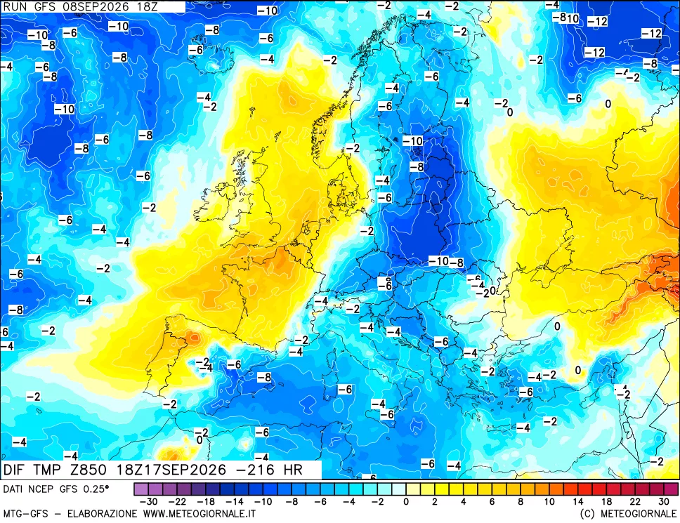 mappa Dif. Temp a 850 hPa Valid - Init