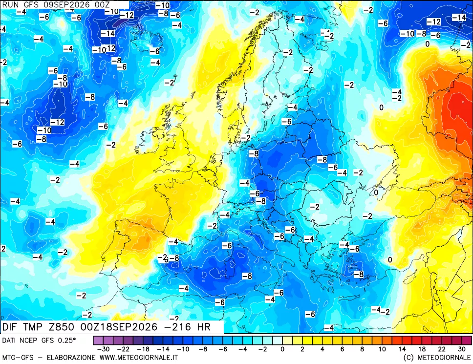 mappa Dif. Temp a 850 hPa Valid - Init