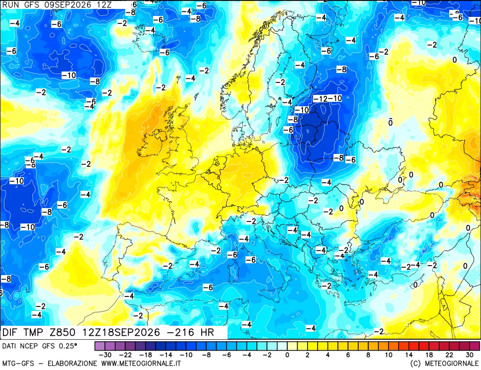 mappa Dif. Temp a 850 hPa Valid - Init