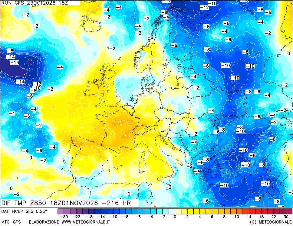 mappa Dif. Temp a 850 hPa Valid - Init