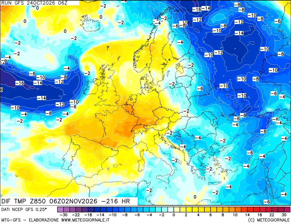 mappa Dif. Temp a 850 hPa Valid - Init