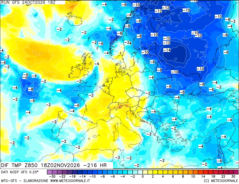 mappa Dif. Temp a 850 hPa Valid - Init