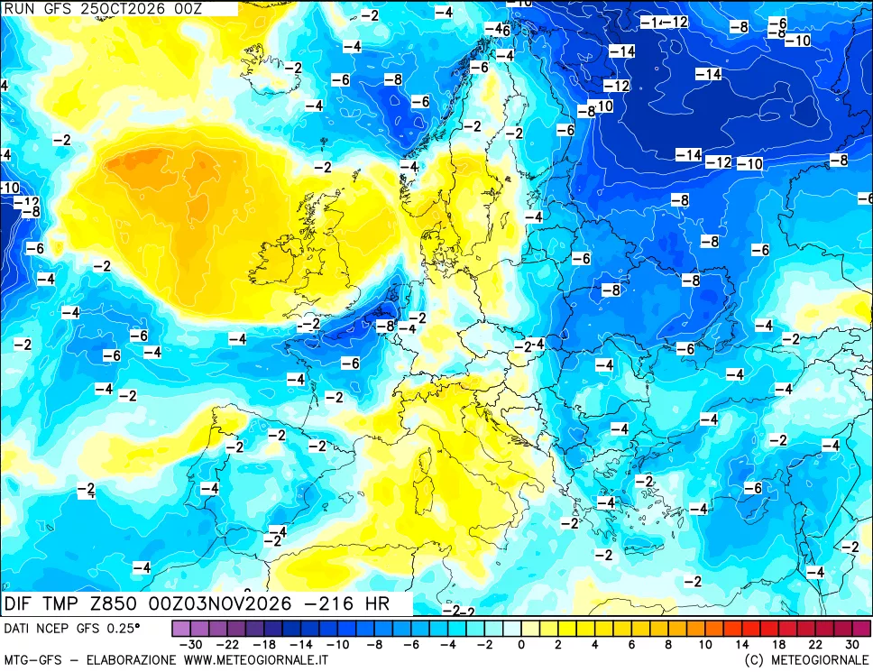 mappa Dif. Temp a 850 hPa Valid - Init