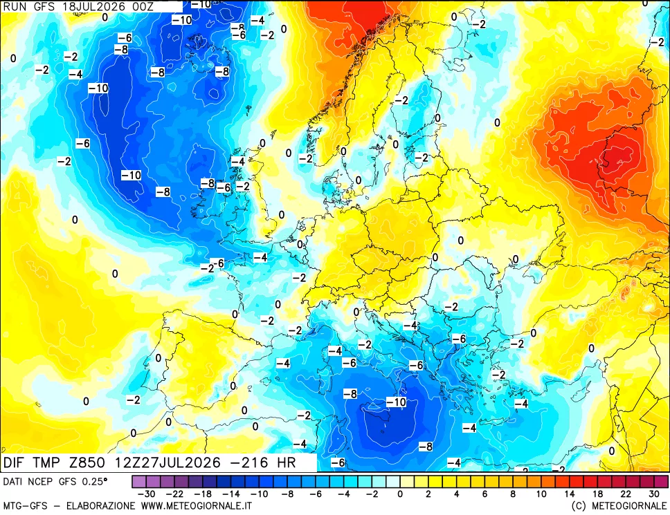 mappa Dif. Temp a 850 hPa Valid - Init