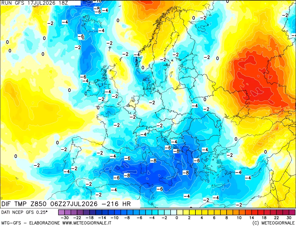 mappa Dif. Temp a 850 hPa Valid - Init