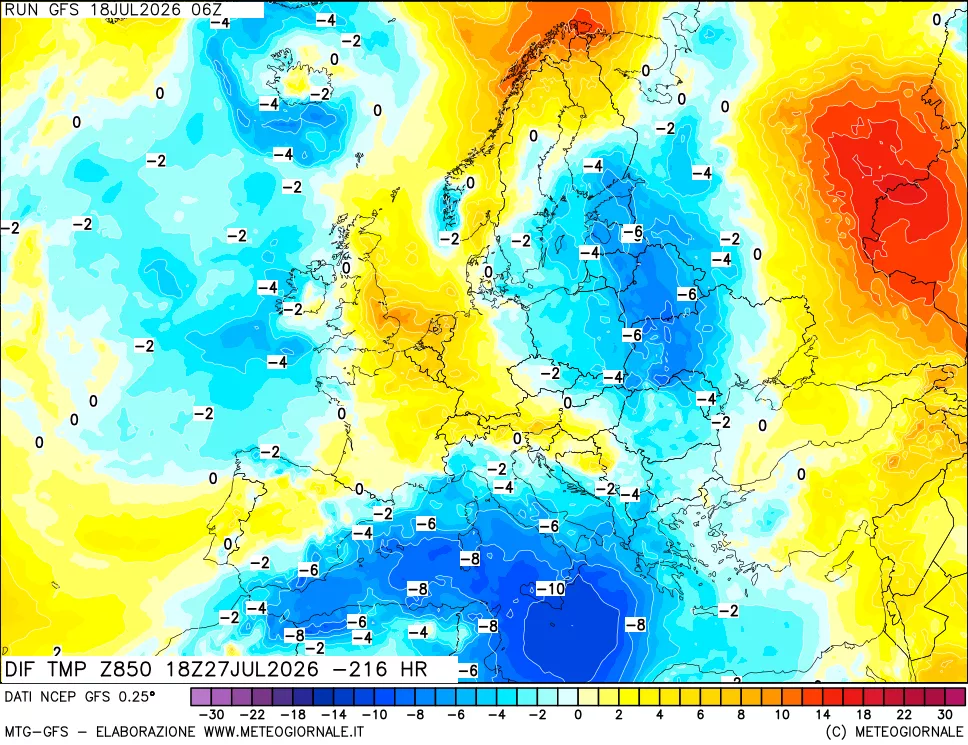 mappa Dif. Temp a 850 hPa Valid - Init