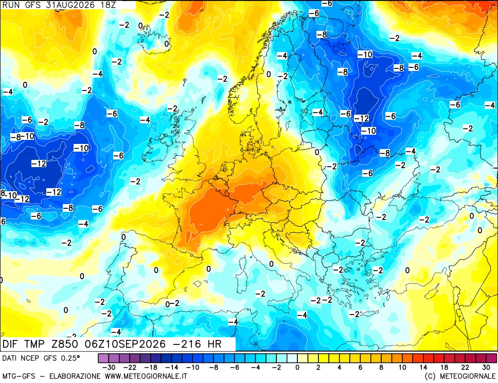 mappa Dif. Temp a 850 hPa Valid - Init