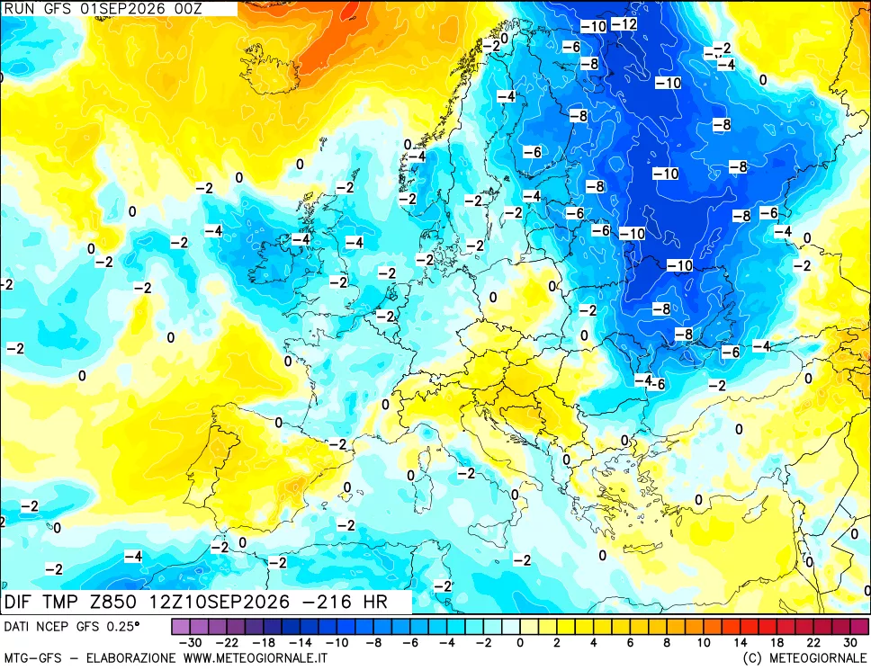 mappa Dif. Temp a 850 hPa Valid - Init