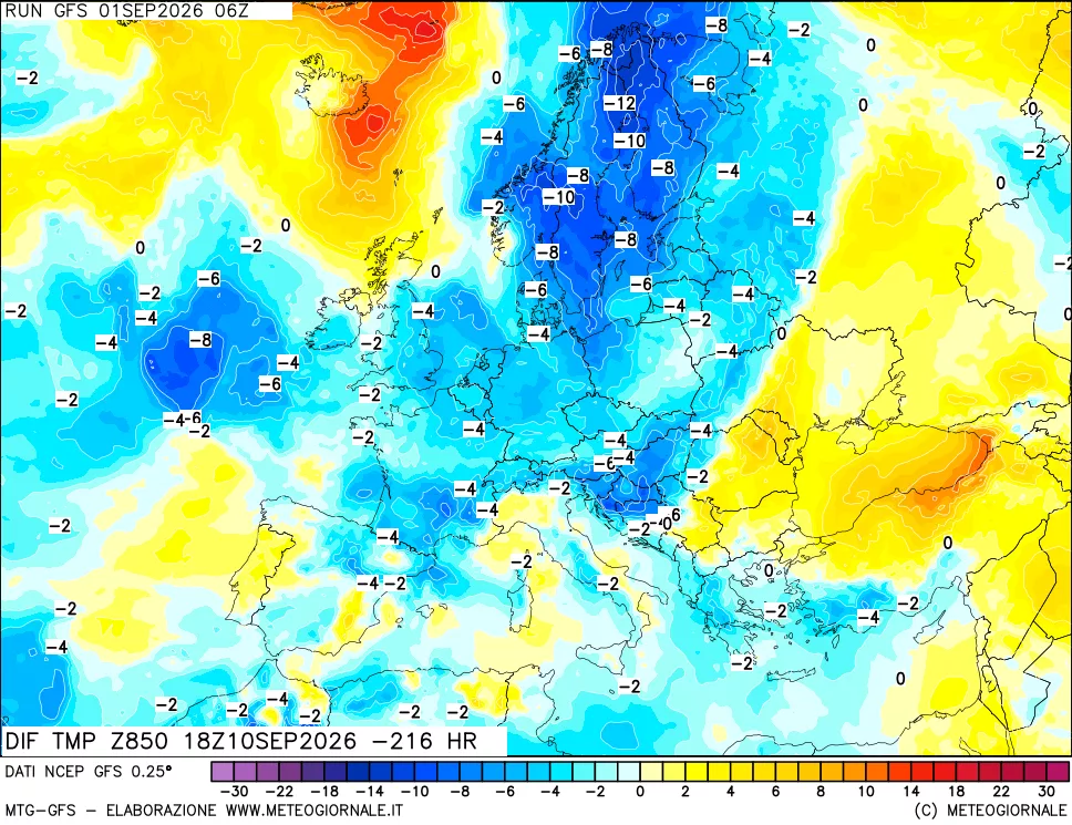 mappa Dif. Temp a 850 hPa Valid - Init