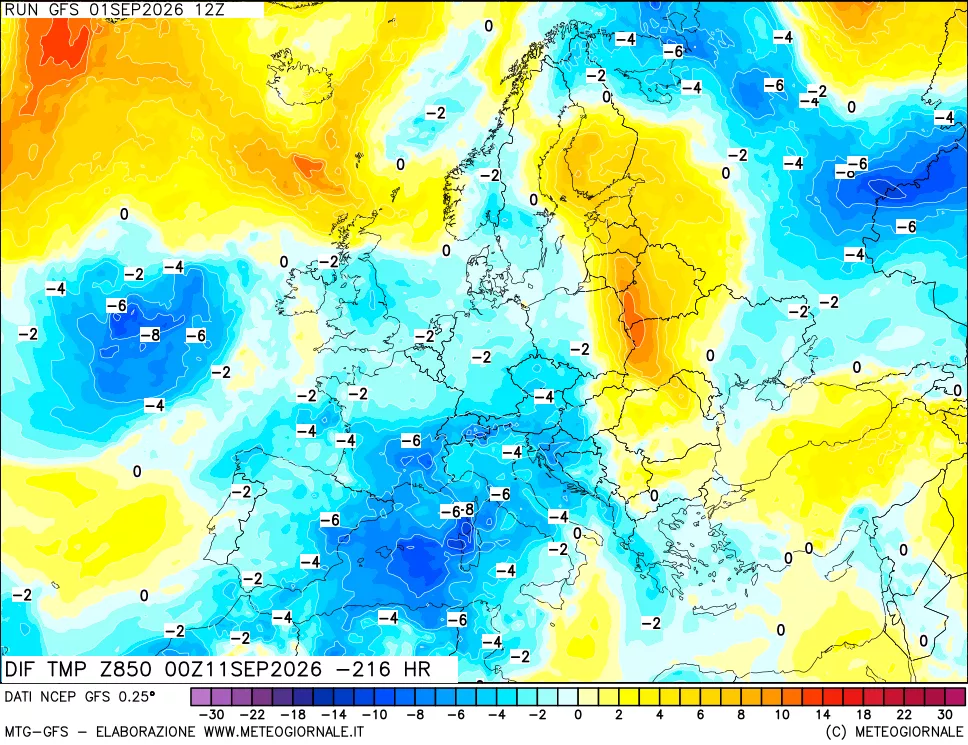 mappa Dif. Temp a 850 hPa Valid - Init