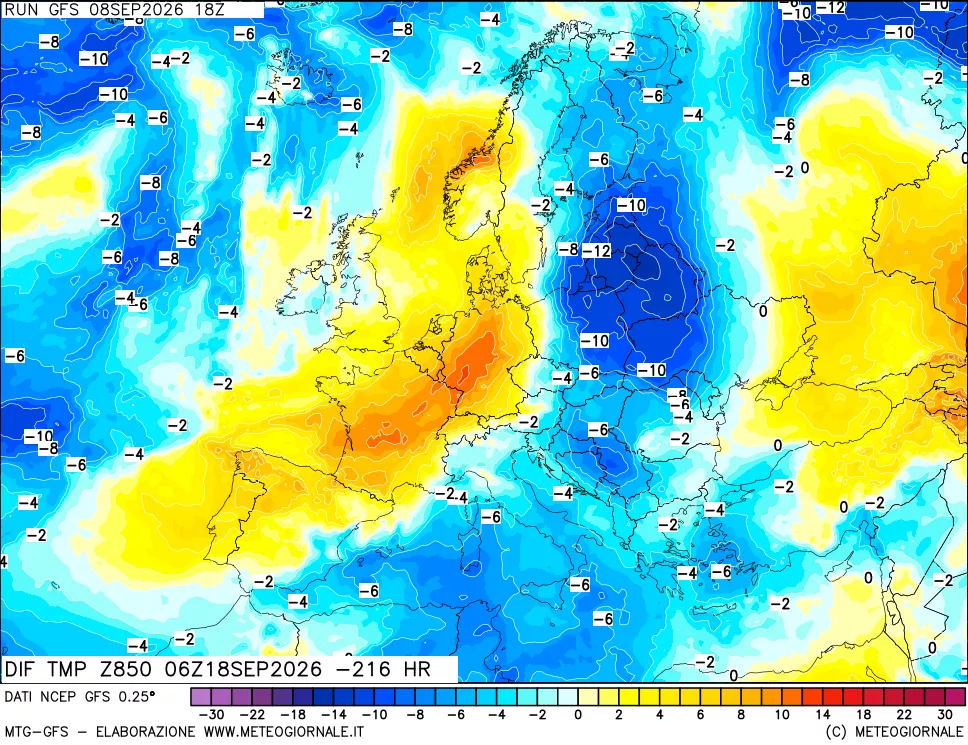 mappa Dif. Temp a 850 hPa Valid - Init