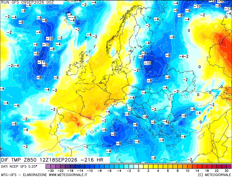 mappa Dif. Temp a 850 hPa Valid - Init