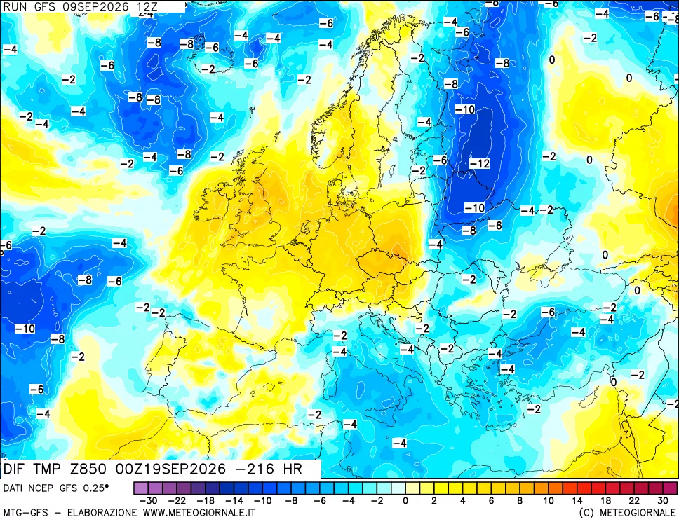 mappa Dif. Temp a 850 hPa Valid - Init
