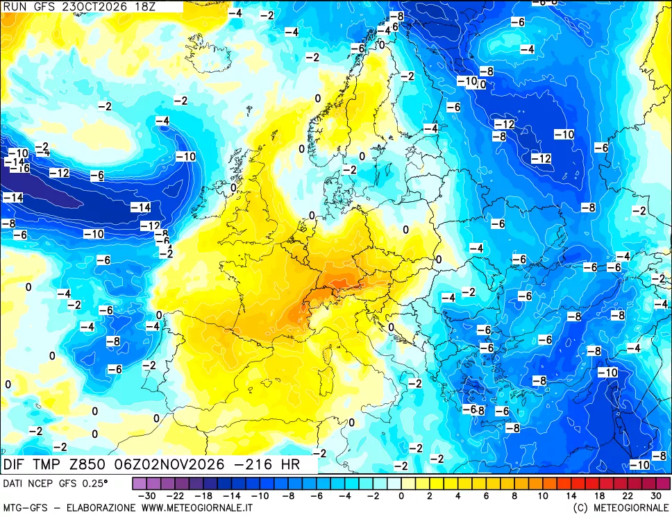 mappa Dif. Temp a 850 hPa Valid - Init