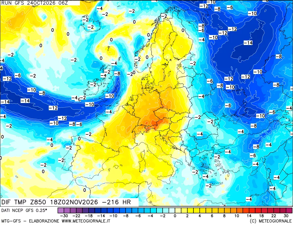 mappa Dif. Temp a 850 hPa Valid - Init