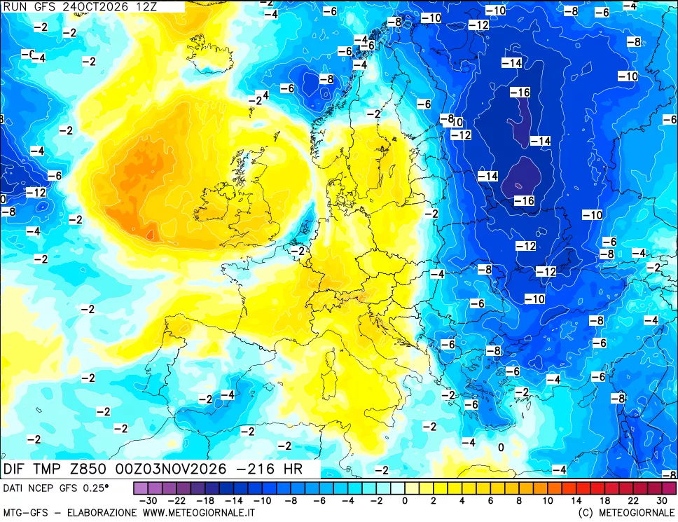 mappa Dif. Temp a 850 hPa Valid - Init