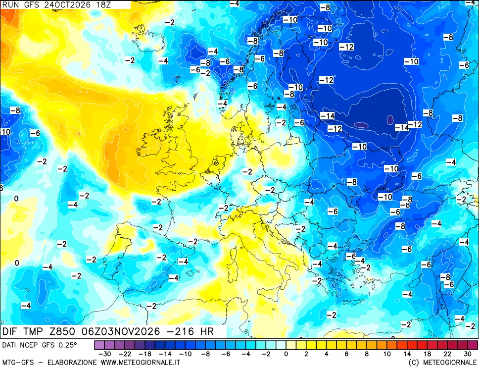 mappa Dif. Temp a 850 hPa Valid - Init