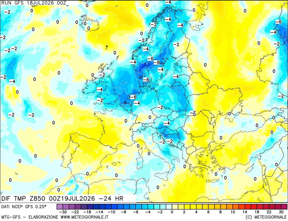 mappa Dif. Temp a 850 hPa Valid - Init