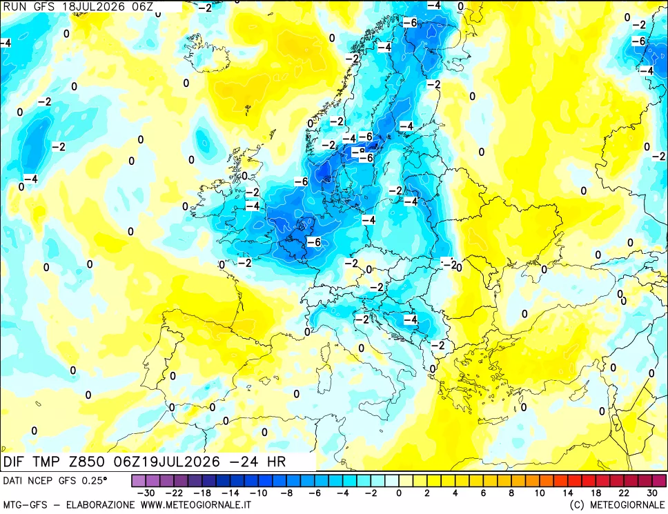 mappa Dif. Temp a 850 hPa Valid - Init