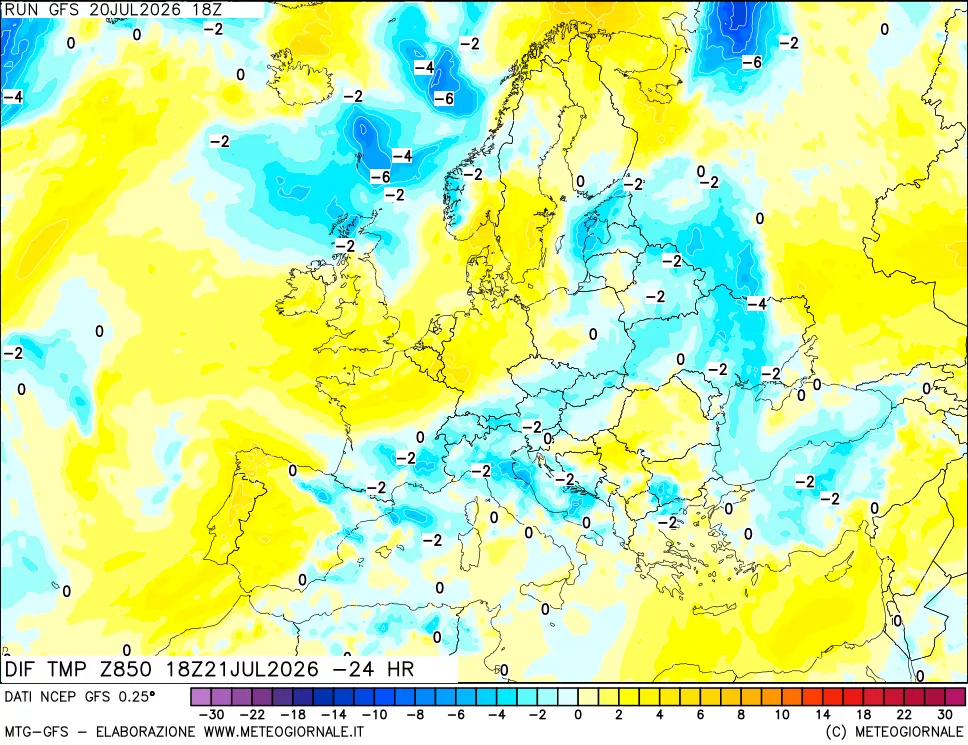 mappa Dif. Temp a 850 hPa Valid - Init