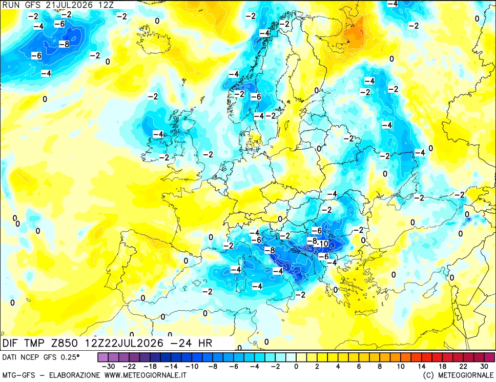 mappa Dif. Temp a 850 hPa Valid - Init