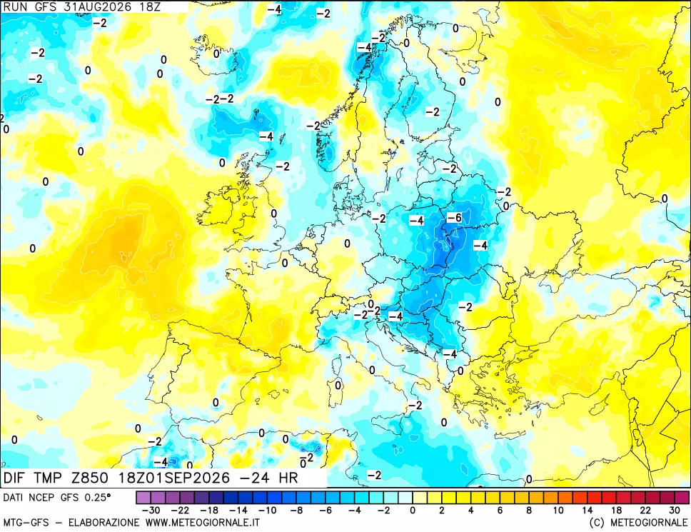 mappa Dif. Temp a 850 hPa Valid - Init