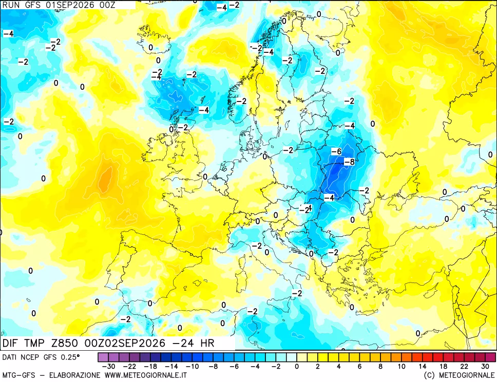 mappa Dif. Temp a 850 hPa Valid - Init