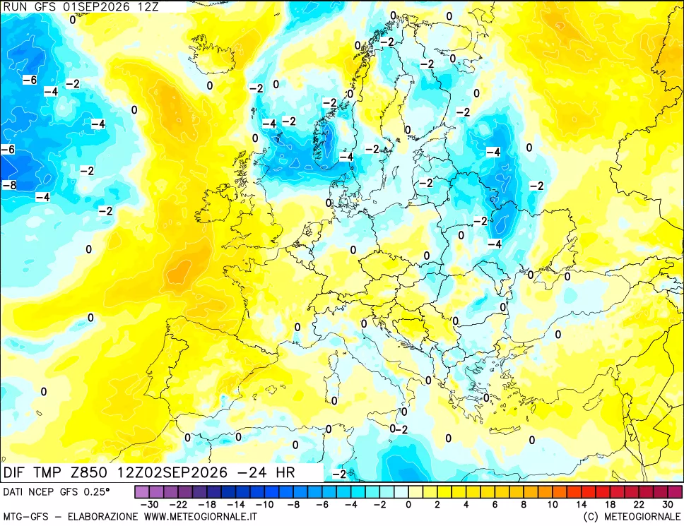 mappa Dif. Temp a 850 hPa Valid - Init