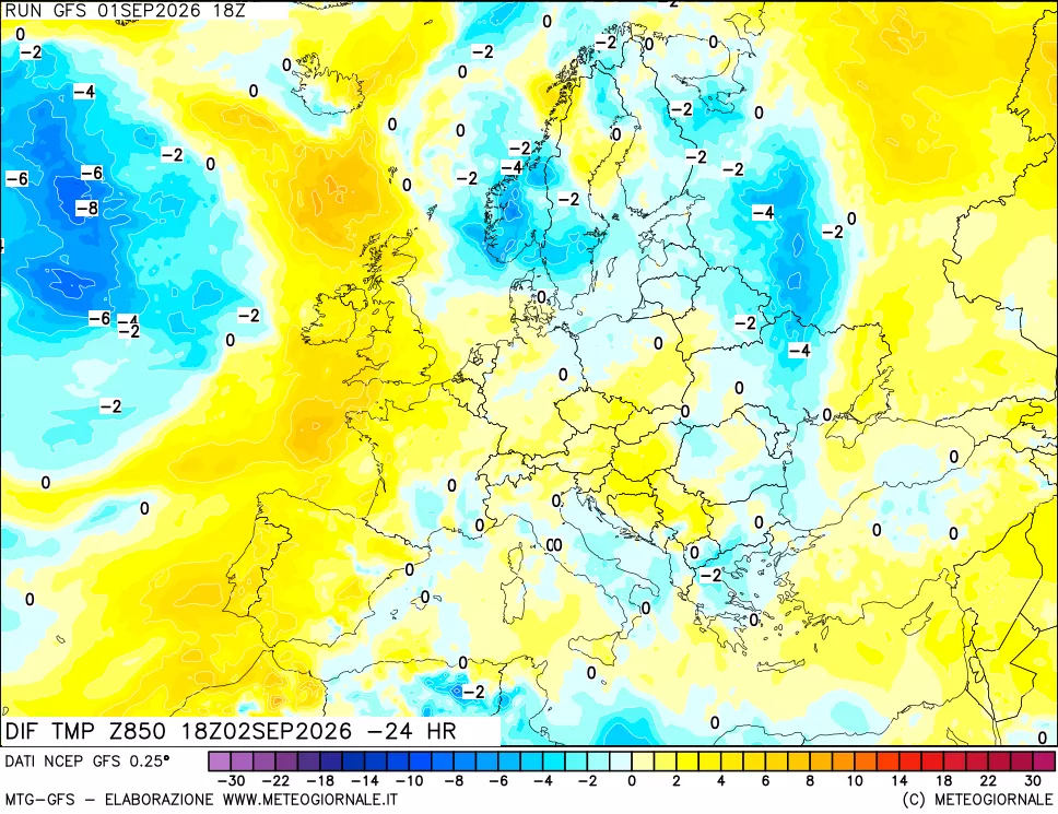 mappa Dif. Temp a 850 hPa Valid - Init