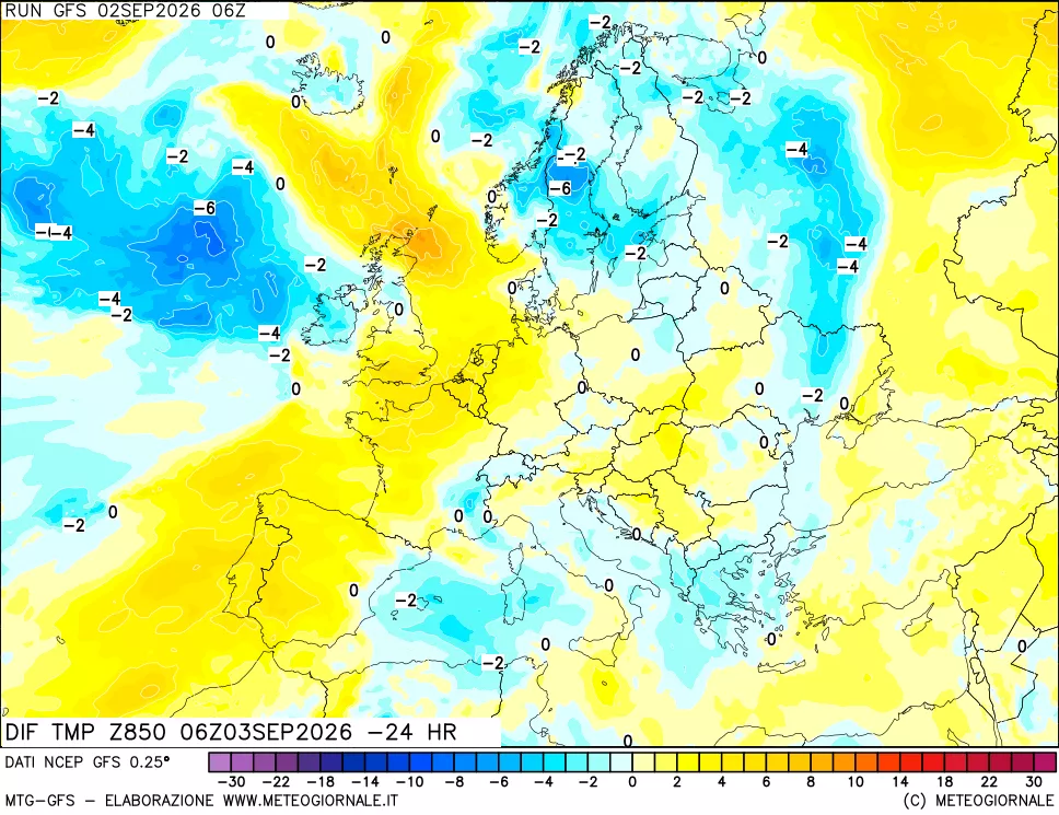 mappa Dif. Temp a 850 hPa Valid - Init
