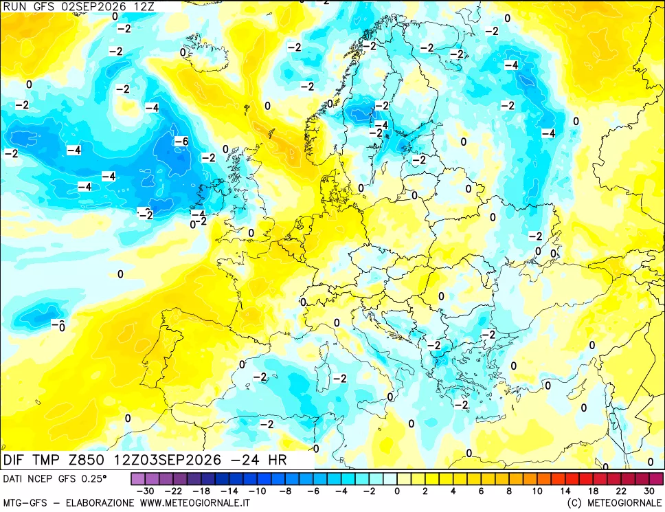 mappa Dif. Temp a 850 hPa Valid - Init