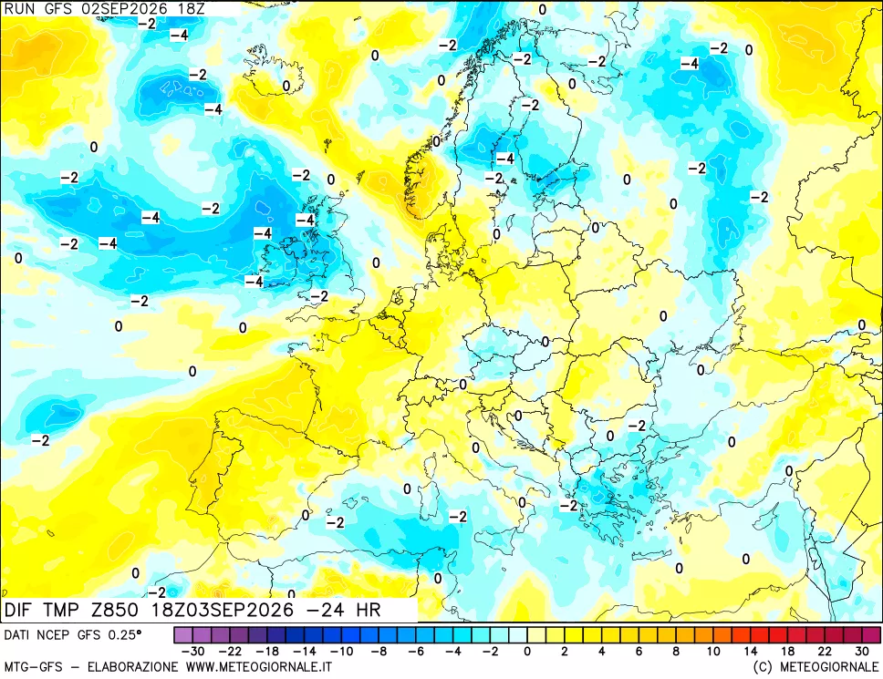 mappa Dif. Temp a 850 hPa Valid - Init