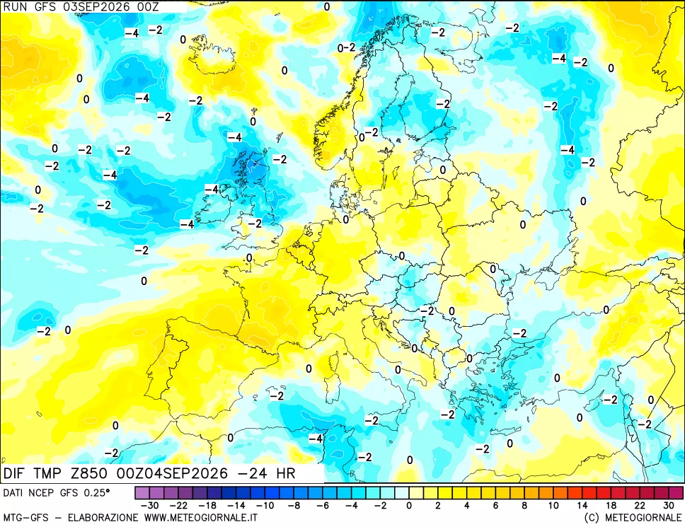mappa Dif. Temp a 850 hPa Valid - Init