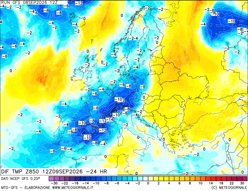 mappa Dif. Temp a 850 hPa Valid - Init
