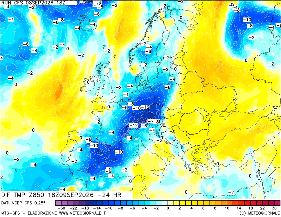 mappa Dif. Temp a 850 hPa Valid - Init