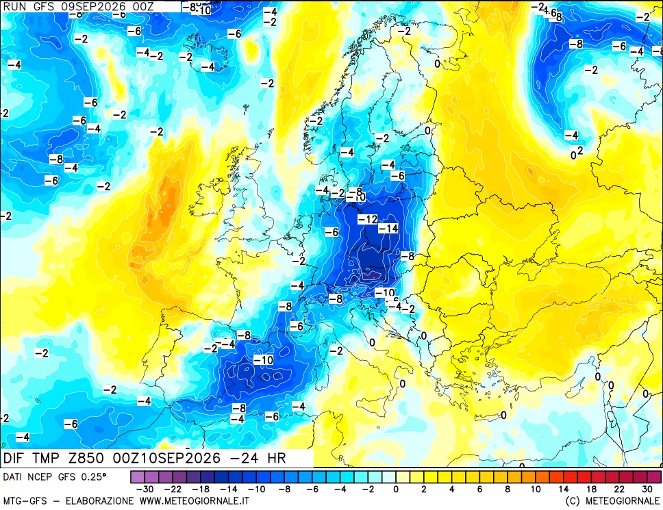 mappa Dif. Temp a 850 hPa Valid - Init