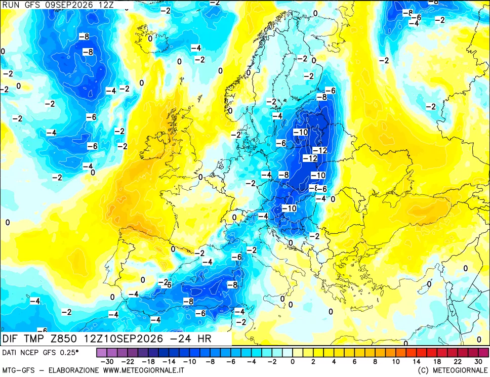 mappa Dif. Temp a 850 hPa Valid - Init
