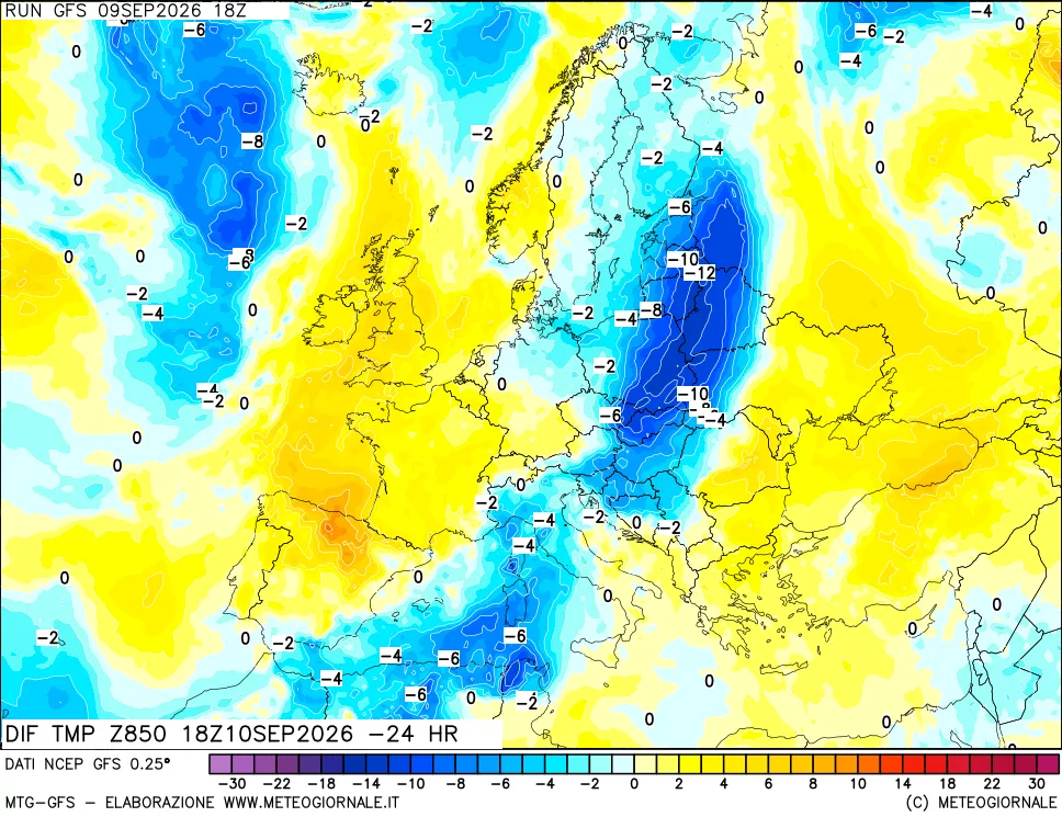mappa Dif. Temp a 850 hPa Valid - Init