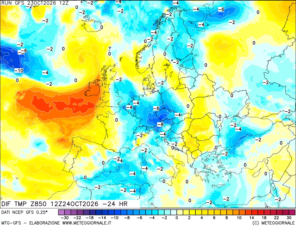 mappa Dif. Temp a 850 hPa Valid - Init