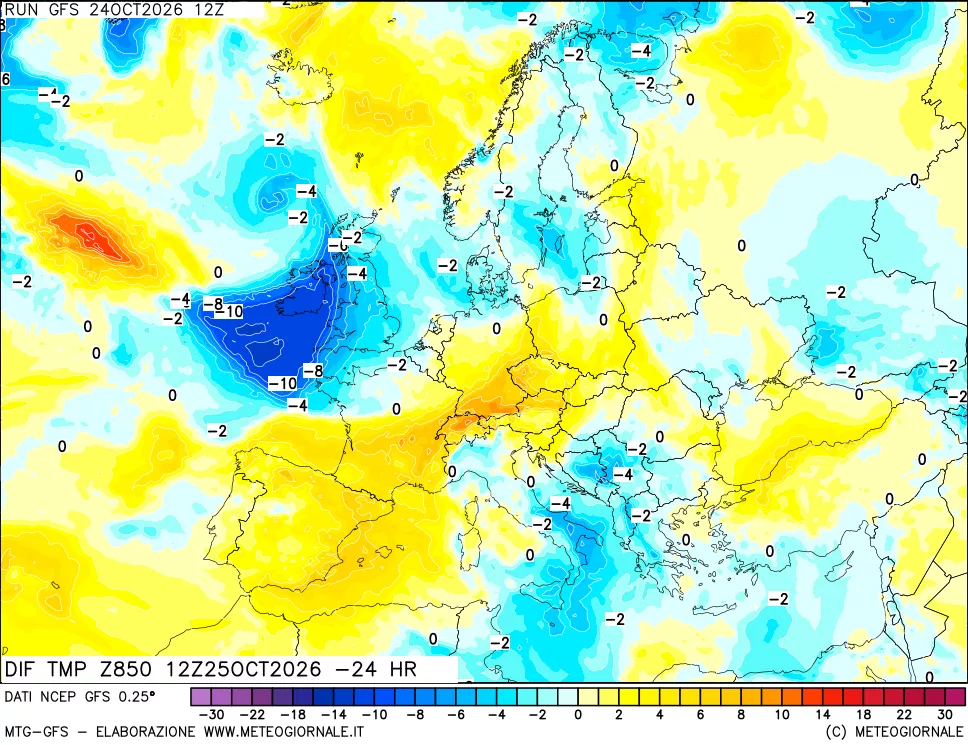 mappa Dif. Temp a 850 hPa Valid - Init
